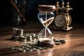 Hourglass,Sand Clocks, Clock and golden coin, Time value wealth concept