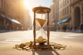 Hourglass with sand and coins on city street, sand is turning into coins inside the glass, \