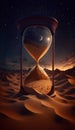 Hourglass in sand desert. 3D illustration. Time concept.