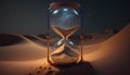 Hourglass in sand desert. 3D illustration. Time concept.