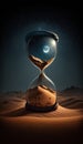 Hourglass in sand desert. Time passing concept. 3D rendering