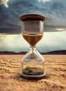 Hourglass with sand on a dry desert field and storm clouds above. Time passing concept Royalty Free Stock Photo