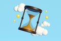 Hourglass sand flowing collage 3d render illustration time management deadline punctuality isolated on blue painted sky