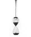 Hourglass and Sand fly in mid air, add more sand of time on gold sand over white background. Black hourglass show more time