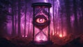 hourglass sand highly intricately of An illustration of burning demonic eye inside a hourglass, in a forest and lightning