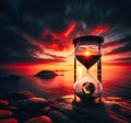 hourglass, sand moving slowly in top of the world, out of time concept, red sunset at the shore of the ocean