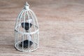 Hourglass and sandglass in miniature bird cage with copy space using as time control or limited of time concept