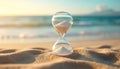 Hourglass on sandy beach symbolizes passing time with ocean view. Fine sand flows, indicating countdown, deadline, or vacation Royalty Free Stock Photo