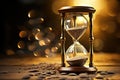 An hourglass is seen resting on a wooden table, marking the passing of time, Golden coins and hour glass sand clock, AI Generated