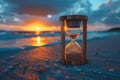 an hourglass is sitting on the beach at sunset Royalty Free Stock Photo