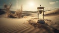 an hourglass sitting in the middle of a desert with sand dunes in the background and a sun shining through the clouds in the sky