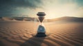 an hourglass sitting in the middle of a desert with the sun shining through the clouds and sand blowing through it, with a sand