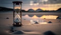 an hourglass sitting on a sandy beach with a sunset in the background.