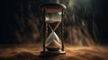 an hourglass sitting on top of a sand covered ground in the middle of a dark room with light coming through the window and a beam Royalty Free Stock Photo