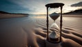 an hourglass sitting on top of a sandy beach next to the ocean.