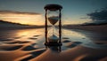 an hourglass sitting on top of a sandy beach at sunset.