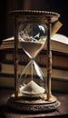 an hourglass sitting on top of a table next to a book.