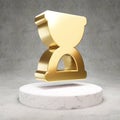 Hourglass Start icon. Shiny golden Hourglass Start symbol on white marble podium