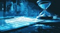 Hourglass and strategy sheet in blue-toned office, symbolizing time management and planning Royalty Free Stock Photo