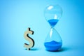 Hourglass and symbol of money dollars on blue background