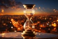 Hourglass symbolizing time and management against morning cityscape backdrop