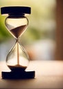 An hourglass or sand clock on a table, blurred background. Running out of time. Royalty Free Stock Photo