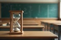 Hourglass on wooden desk in empty classroom. Sand flows through timer on table. Blackboard, student chairs in background suggest Royalty Free Stock Photo