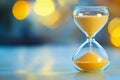 An hourglass with yellow sand on a table Royalty Free Stock Photo