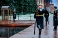 Hourly change of the Presidential guard of Russia at the Tomb of Unknown soldier and Eternal flame in Alexander garden near Kremli