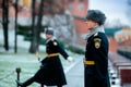 Hourly change of the Presidential guard of Russia at the Tomb of Unknown soldier and Eternal flame in Alexander garden near Kremli