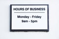 Hours of business sign Monday to Friday