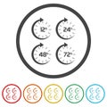 12, 24, 48 and 72 hours clock arrow icon set. Set icons in color circle buttons Royalty Free Stock Photo