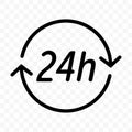 24 hours clock arrow vector icon. Round clock customer support, delivery or supermarket and store open symbol