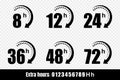 8, 12, 24, 48 and 72 hours clock arrow vector icons. Delivery service, online deal remaining time website symbols. Vector