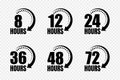 8, 12, 24, 48 and 72 hours clock arrow vector icons. Delivery service, online deal remaining time website symbols. Vector