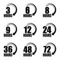 3, 6, 8, 9, 12, 24, 36, 48 and 72 hours clock arrow vector icons