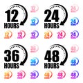 8, 12, 24, 48 and 72 hours clock arrow vector icons. Delivery service, online deal remaining time website symbols. Vector