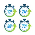 12, 24, 48, 72 hours clock arrow. Work time effect or delivery service time. Vector stock illustration