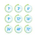 12, 24, 48, 72 hours clock arrow. Work time effect or delivery service time. Vector stock illustration