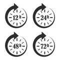 12, 24, 48 and 72 hours clock arrow. Work time. Online deal. Delivery service time icons