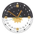 24 Hours Clock Face with arrows. Full day clock. Black white and gold. Cute design with sun and stars Royalty Free Stock Photo