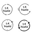 24 hours clock sign icon in doodle handdrawn style. Twenty four hour open vector illustration on white isolated