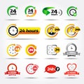 24 hours. Colorful vector icons set: 24/7, Badge, Label or Sticker for Customer Service, Support, Call Center or CRM Concept