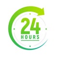 24 hours a day icon. Green clock icon around work. Service time support 24 hour per day