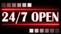 24 hours 7 days sign with lettering OPEN and graphic elements - flamed in red on black background