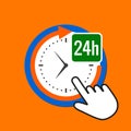 24 hours icon. Constant service concept. Hand Mouse Cursor Clicks the Button