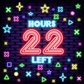 22 hours left Badge in neon style. On brick wall background. Light banner. Royalty Free Stock Photo