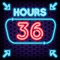 36 hours Neon Sign Vector. On brick wall background. Light banner. Royalty Free Stock Photo
