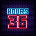 36 hours Neon Sign Vector. On brick wall background. Light banner. Royalty Free Stock Photo