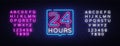 24 hours neon sign vector design template. 24 hours Open neon, light banner design element colorful modern design trend Royalty Free Stock Photo